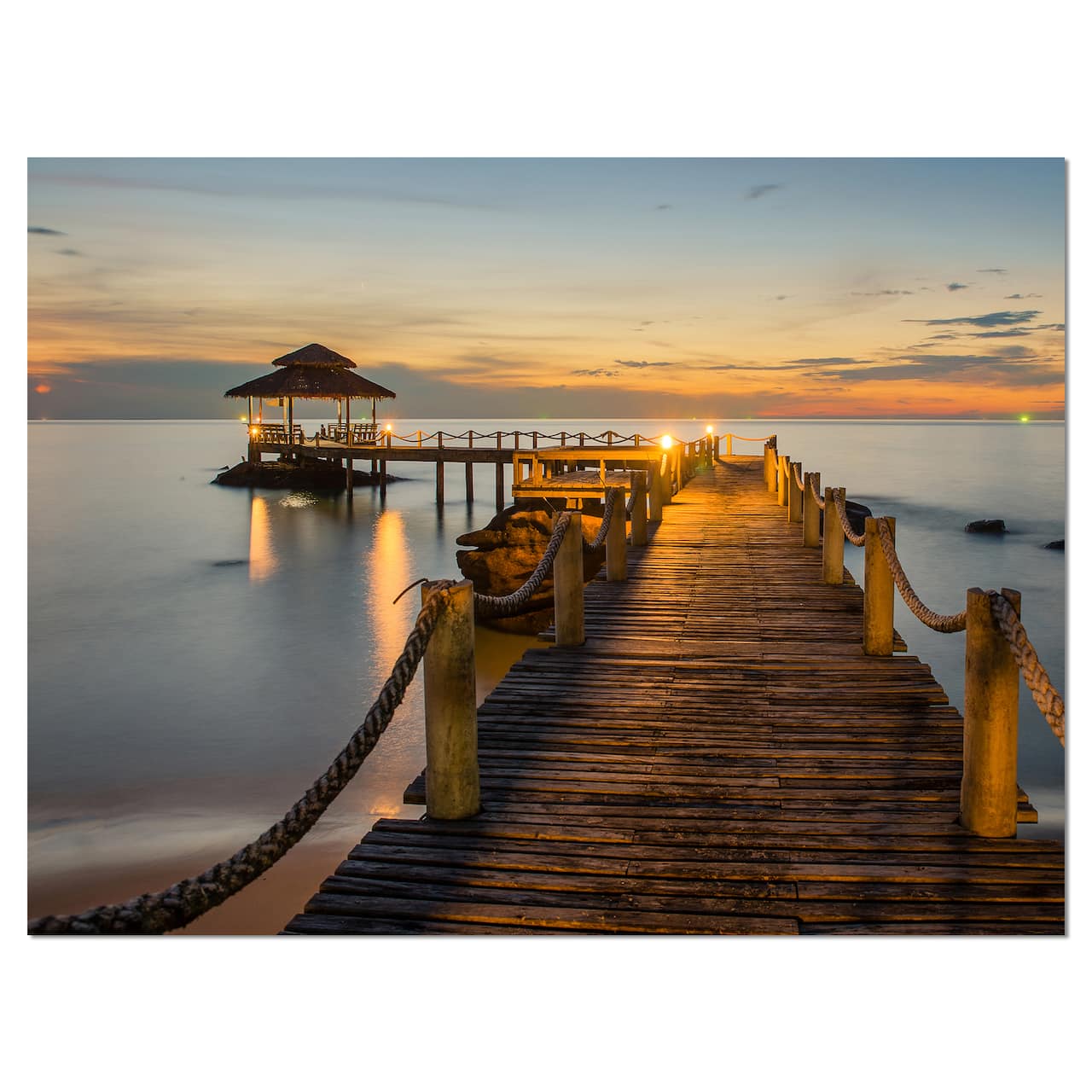 Designart - Brown Wooden Pier in Evening - Seashore Photo Canvas Print